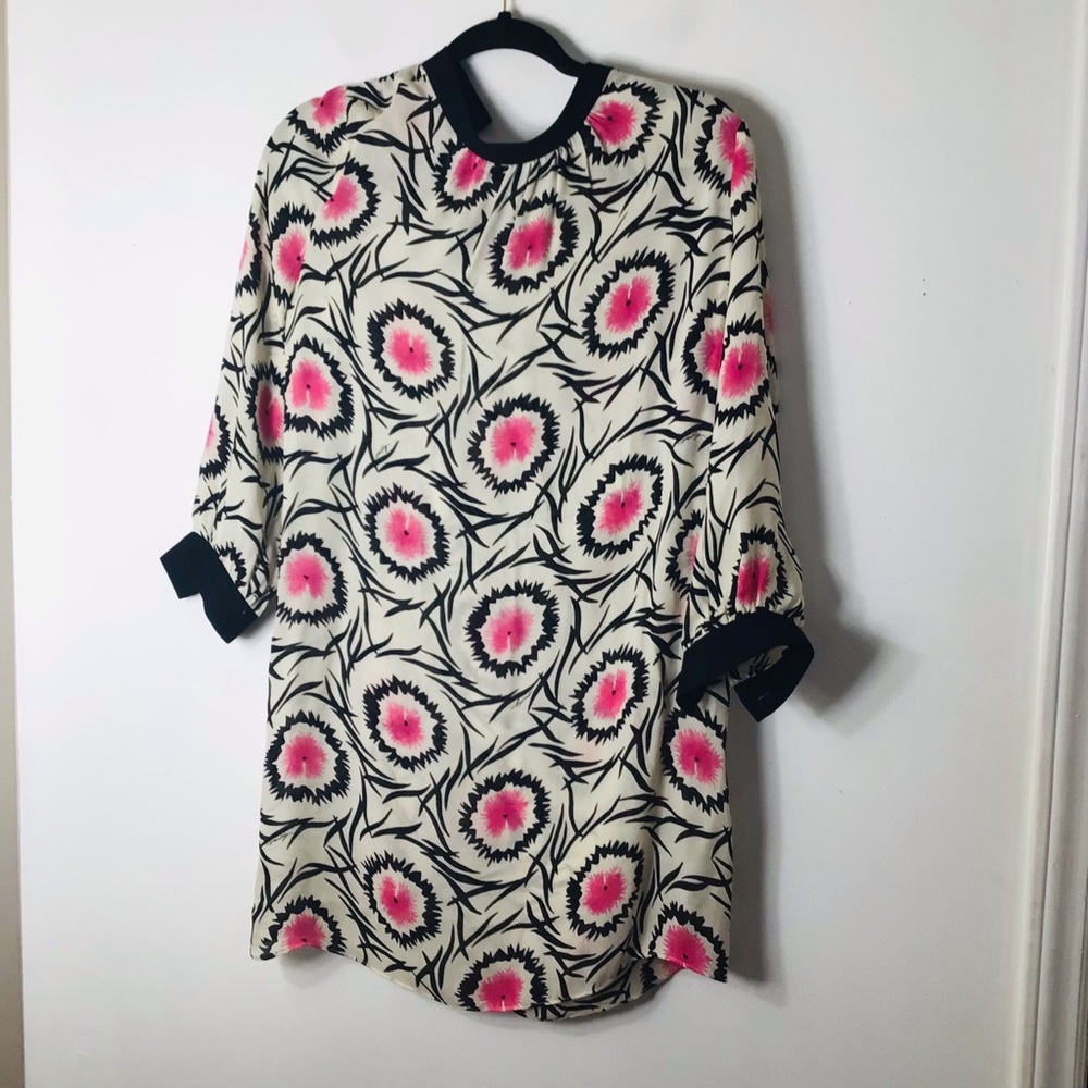 Milly Cream Tunic with Pink Floral Medallions and Black Trim